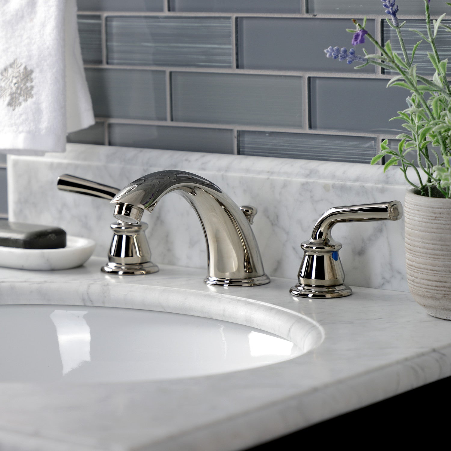 Kingston Tulare KB966RXLPN - Restoration Two-Handle 3-Hole Deck Mount Widespread Bathroom Faucet with Pop-Up Drain, Polished Nickel — thumbnail 3